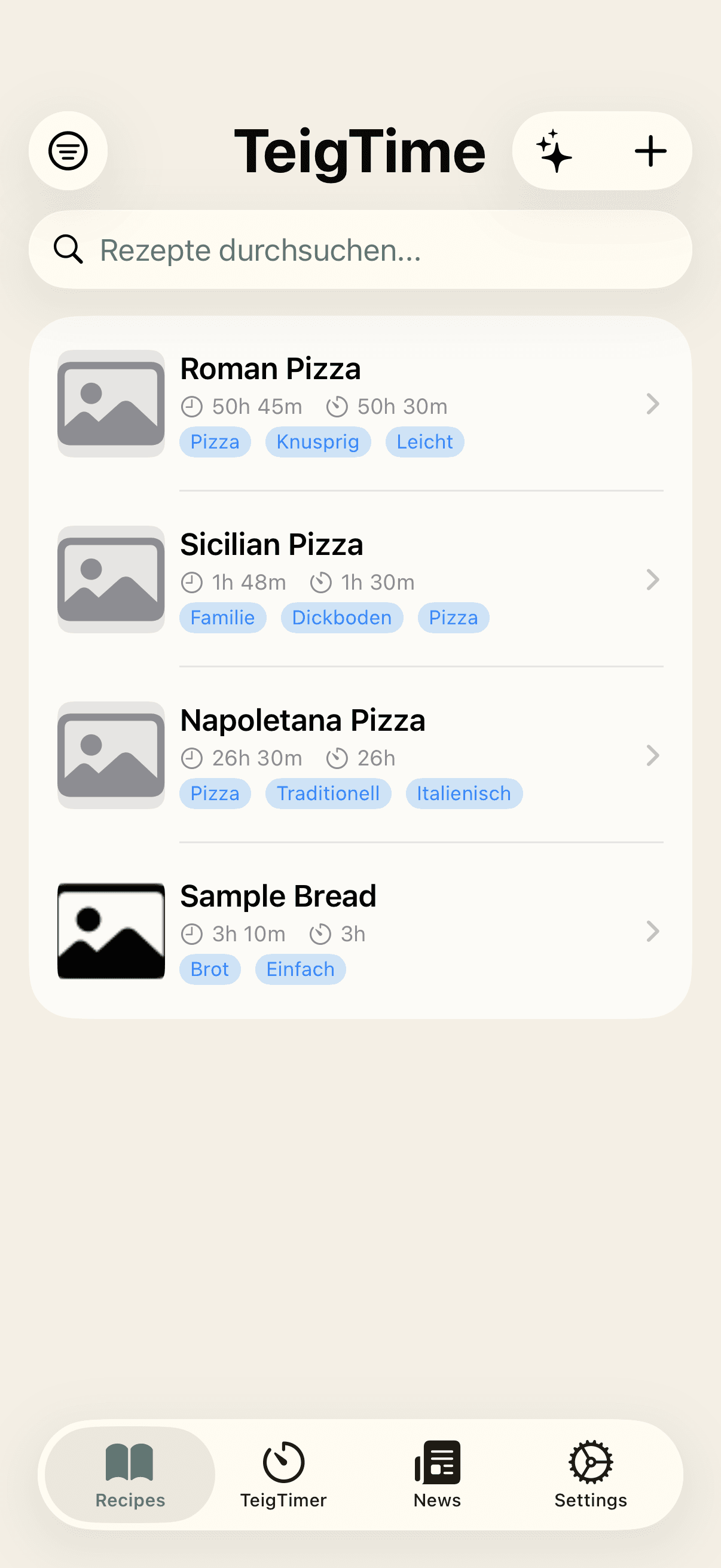 TeigTime Rezeptliste mit Pizza- und Brotrezepten